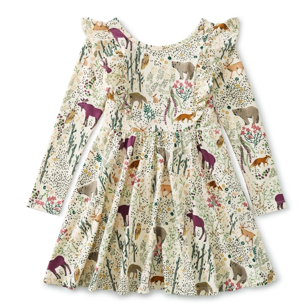 Tea Collection Woodland Animal Print Ruffle Dress Sz 6 - Picture 1 of 5